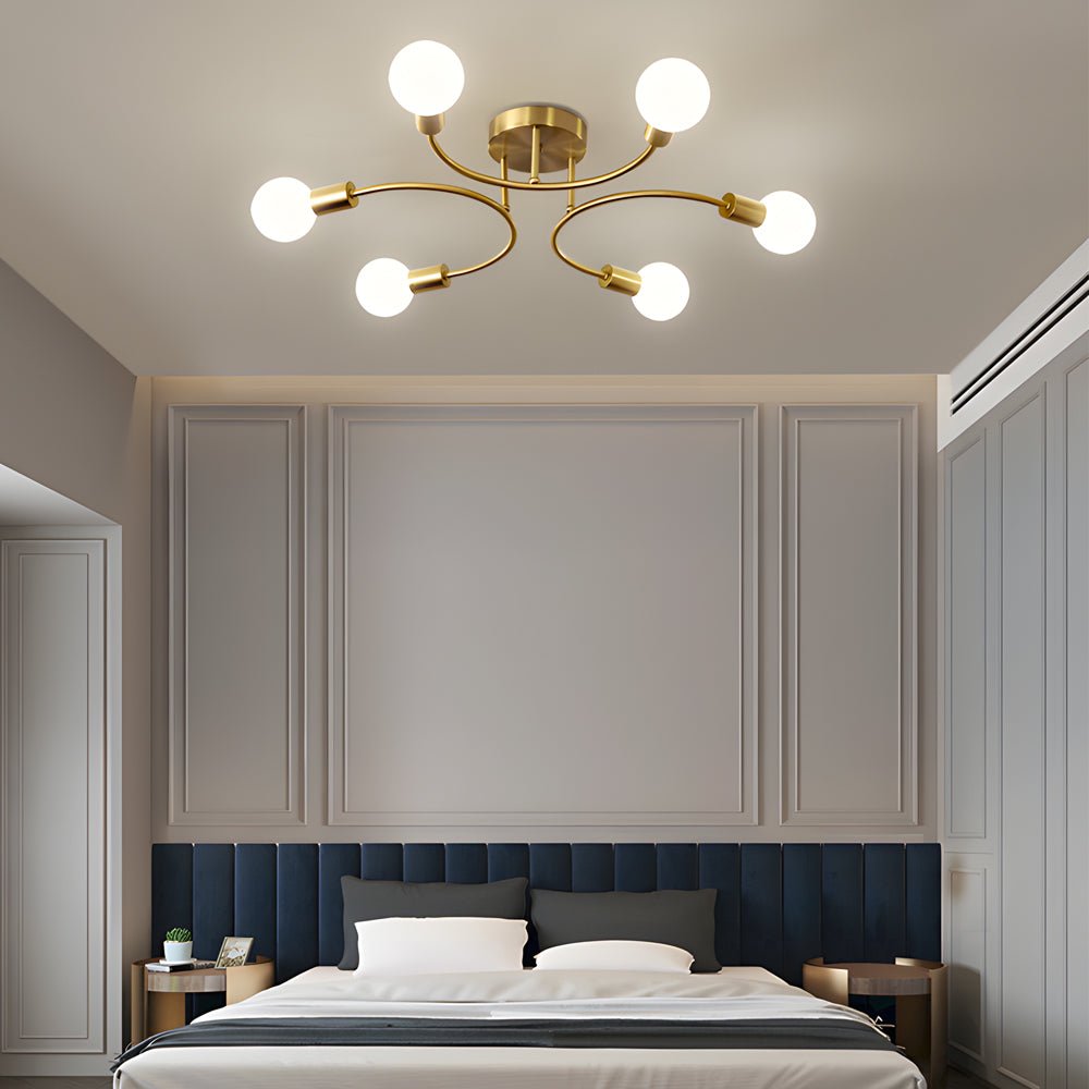 Modern Semi Flush Ceiling Light with Curved Arms & White Shades