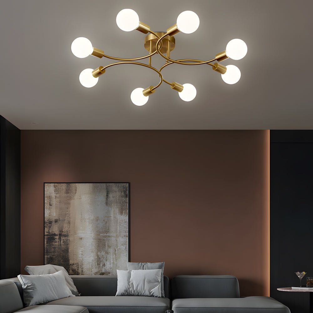 Modern Semi Flush Ceiling Light with Curved Arms & White Shades