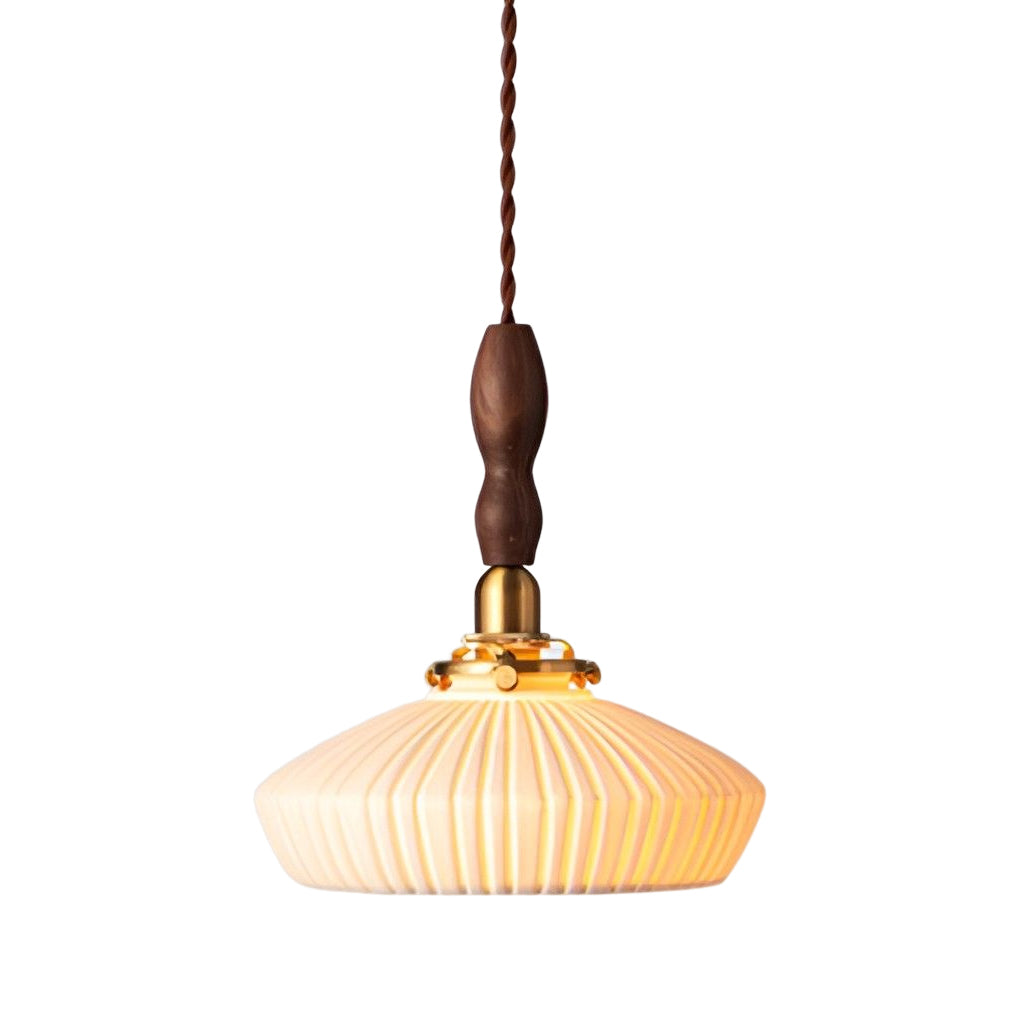 Modern Ceramic Pendant Light with Walnut & Copper Accent - 12W LED
