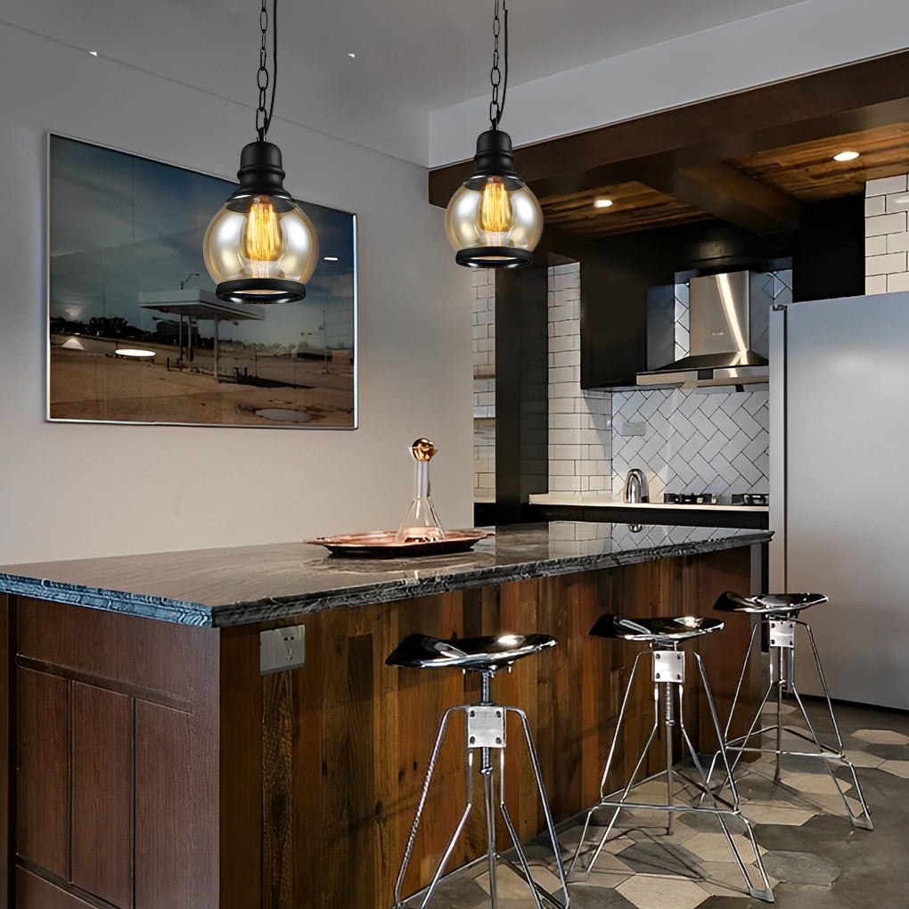 Industrial Brown Glass Pendant Light with Black Hardware