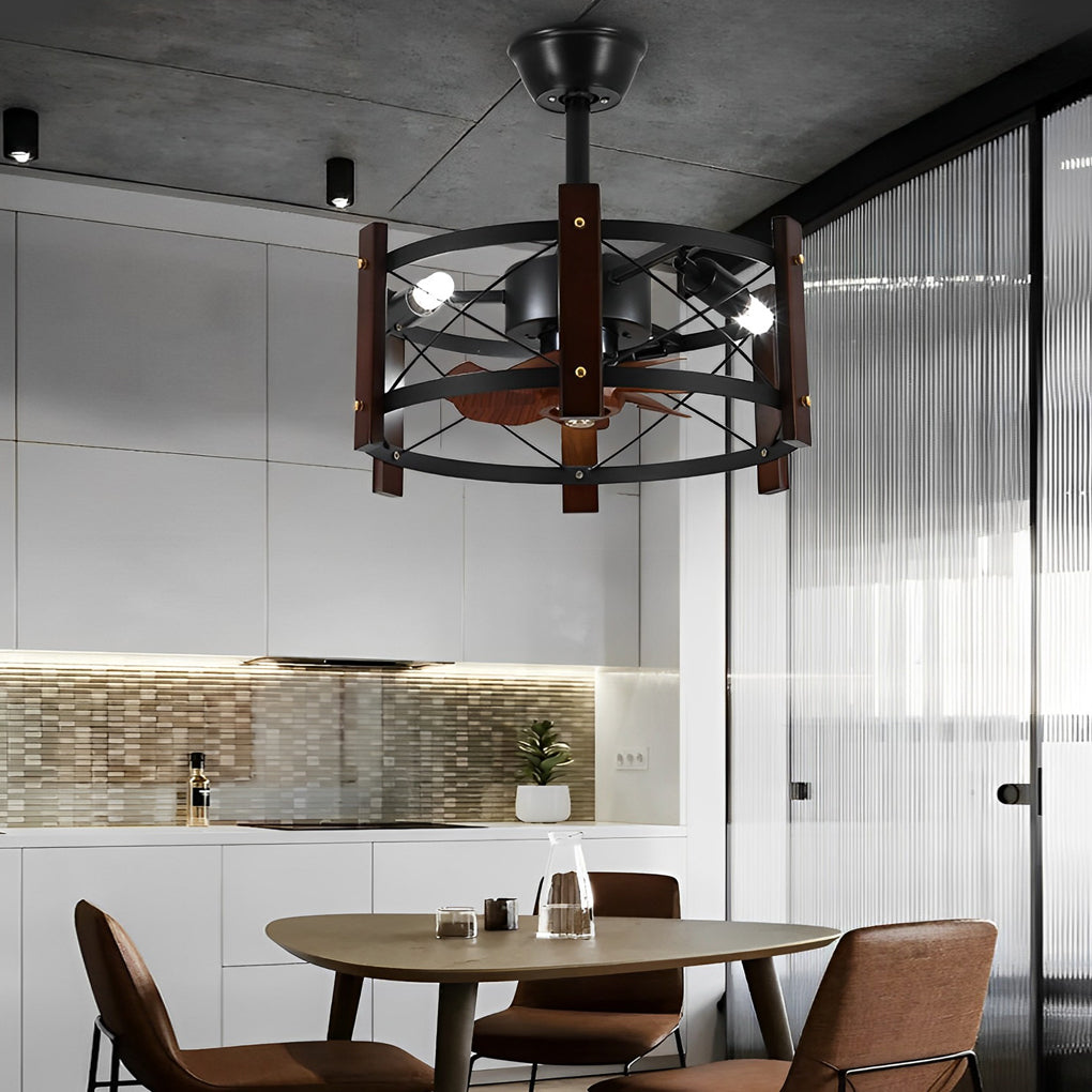 Industrial Caged Ceiling Fan with Light - Black Metal Farmhouse