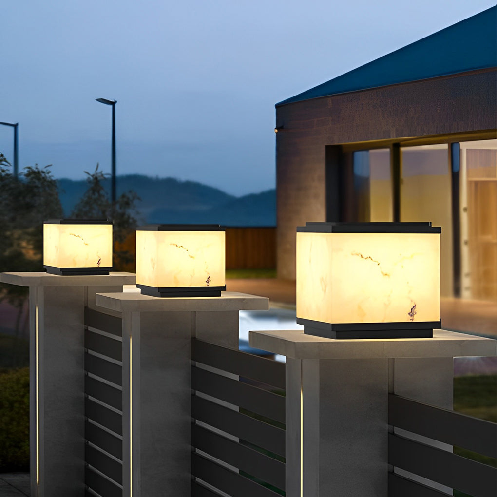 Square Marbled Solar Powered Fence Post Light - Modern Outdoor LED