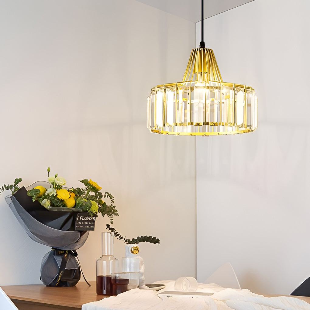 Crystal Drum Chandelier Modern Pendant Light Black Gold Metal