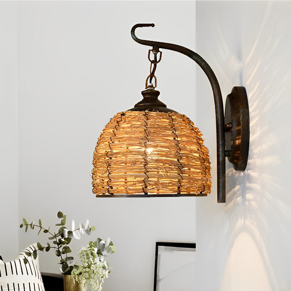 Hand-Woven Rattan Rustic Wall Sconce with Iron Frame