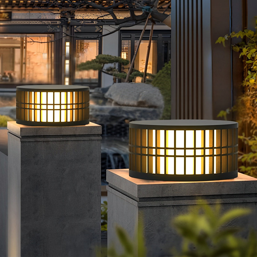 Modern Round Solar LED Outdoor Post Light - Black Stainless Steel