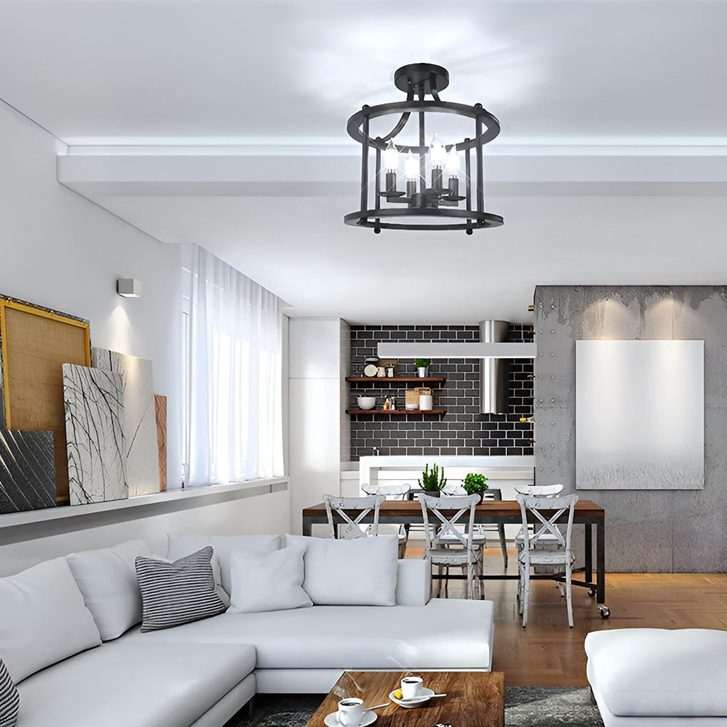 Industrial Metal Lantern Semi-Flush Ceiling Light in Black