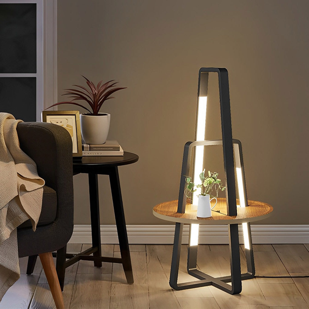 Modern LED Floor Lamp with Wooden Tray – 63" Tall Metal Stand
