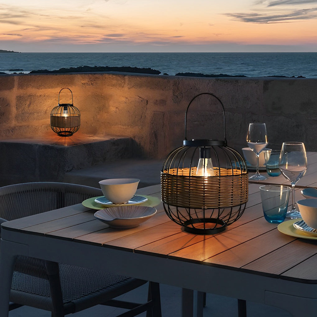Rattan Cage Solar Lantern - Waterproof Outdoor Garden Light