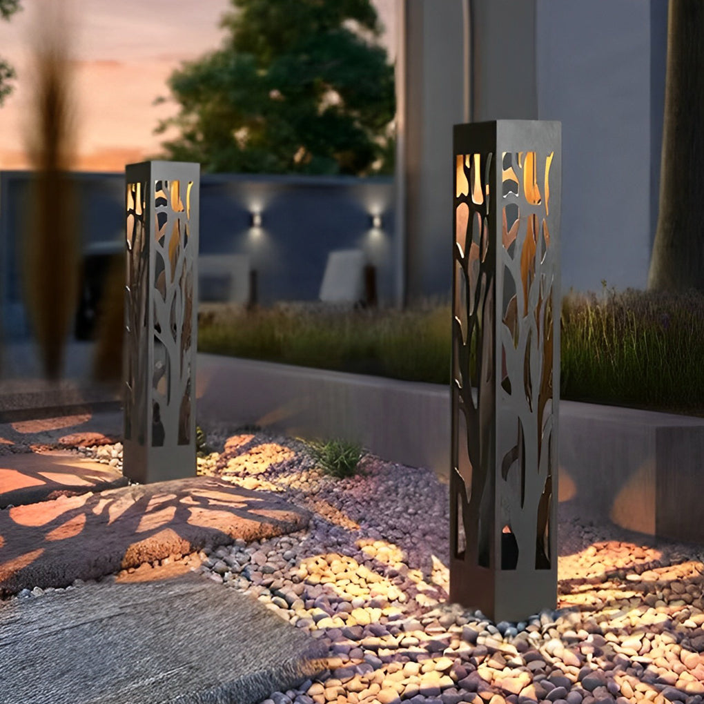 Solar-Powered Lawn Light with Hollow Branch Pattern - Stainless Steel