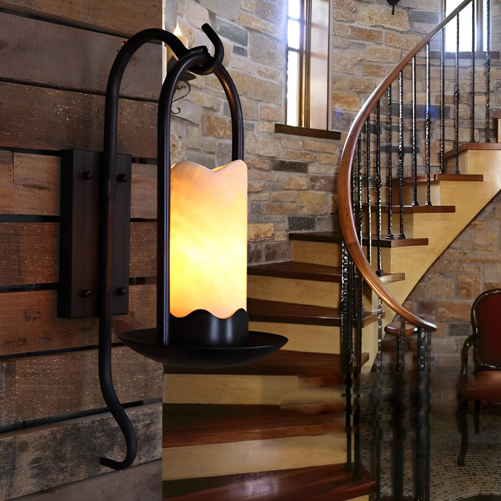 Retro Iron Wall Sconce with Marble-Textured Shade - Black