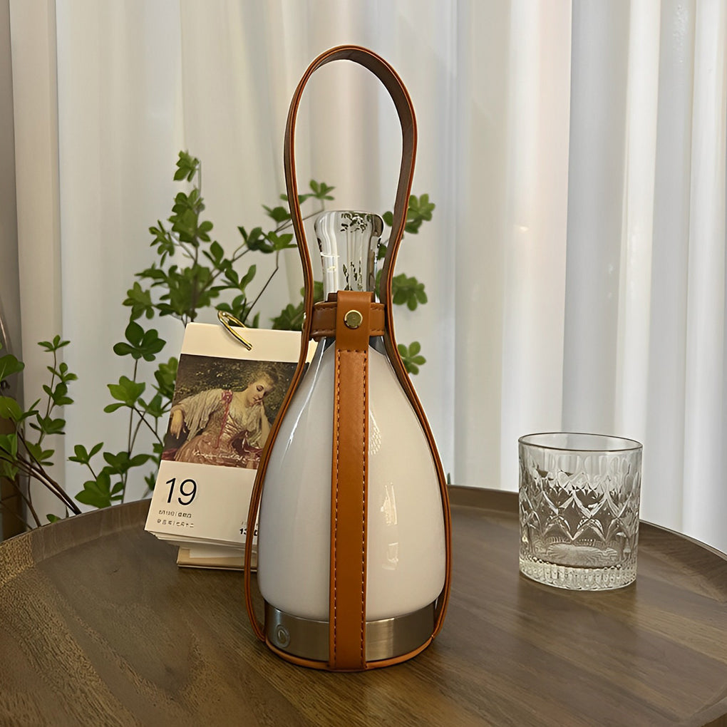Mid-Century Cordless Lantern Table Lamp with Leather Handle