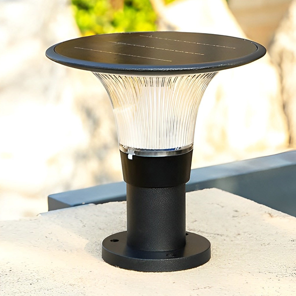 Round Solar Fence Post Light - Modern Black Aluminum Outdoor Pillar