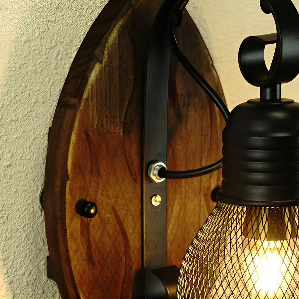 Industrial Wood & Iron Mesh Wall Sconce - Black E27 Fixture