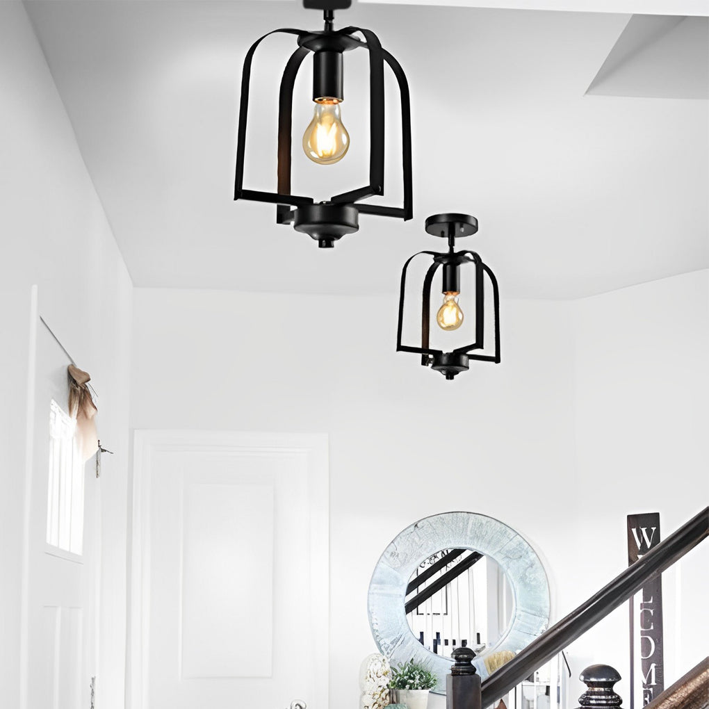 Industrial Iron Cage Pendant & Ceiling Light Fixture - Black