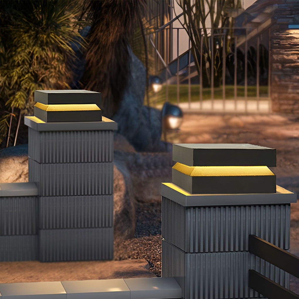 Square LED Solar Post Cap Light - Modern Black Stainless Steel