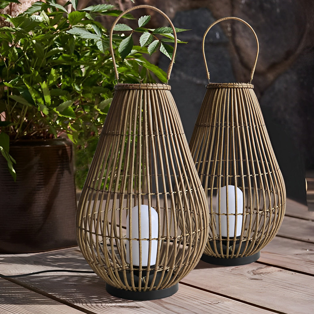 Handwoven Rattan Outdoor Lantern with Handle - Modern Floor Lamp