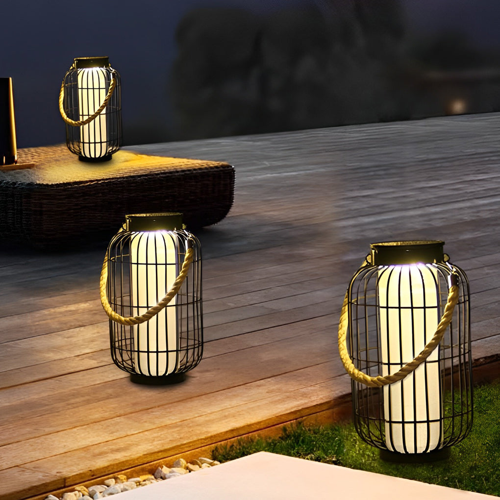 Solar Outdoor Lantern with Hemp Rope Handle - Waterproof LED Light