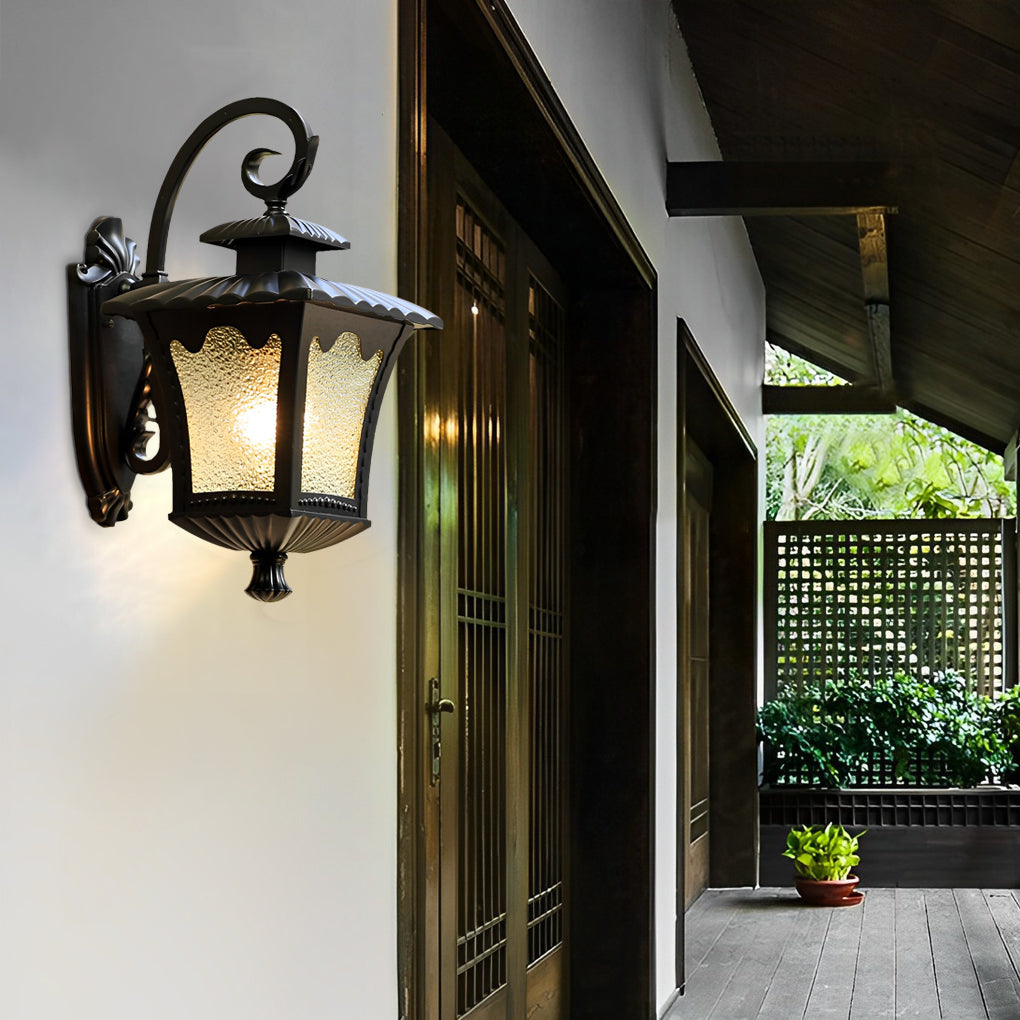 Retro Glass Lantern Waterproof LED Outdoor Wall Lamp Black