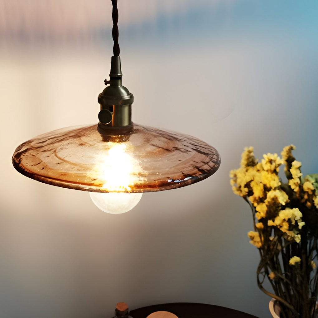 Vintage Glass Pendant Light with Brass Hardware and Wooden Detail