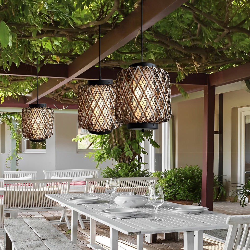 Handwoven Rattan Outdoor Pendant Light – Rustic Modern Waterproof