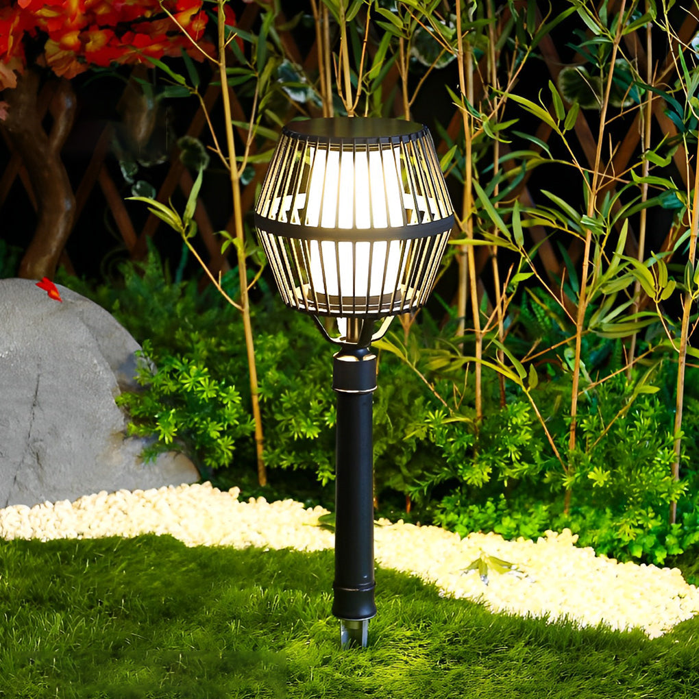 Matte Black Solar Caged Lantern - Modern Outdoor Landscape Light