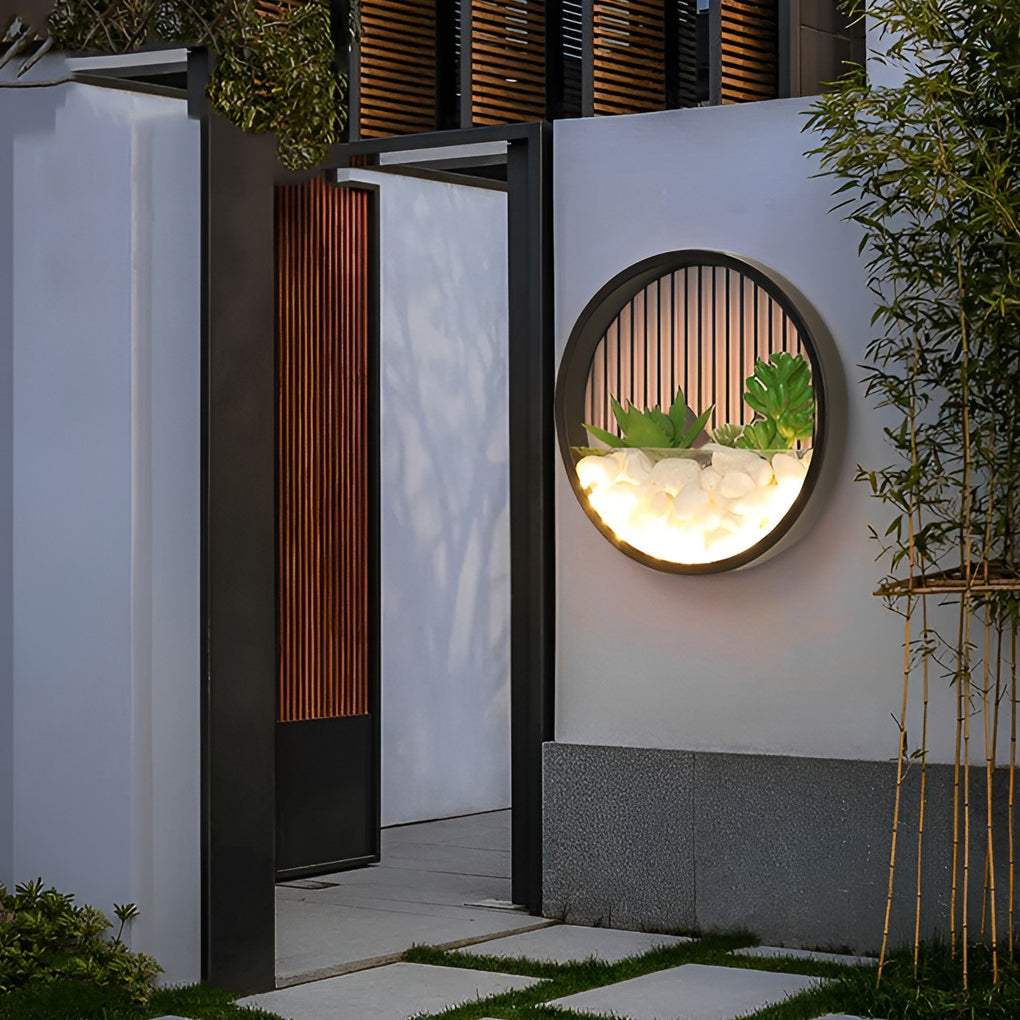 Modern Round Outdoor Wall Light with Stones & Greenery – LED 18W