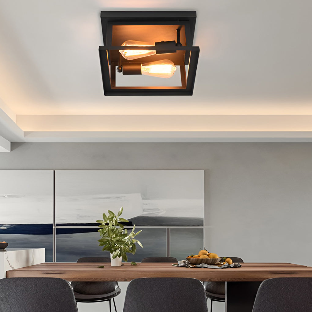 Square Industrial Flush Mount Ceiling Light – Black Metal Frame