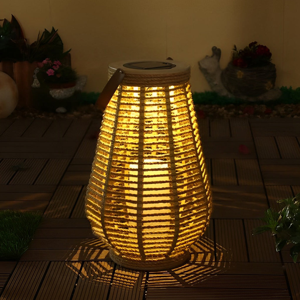 Rustic Rattan Solar Lantern – Portable Waterproof Outdoor LED Lamp