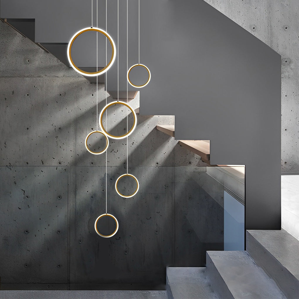 Modern LED Ring Staircase Chandelier - Aluminum & Acrylic Gold