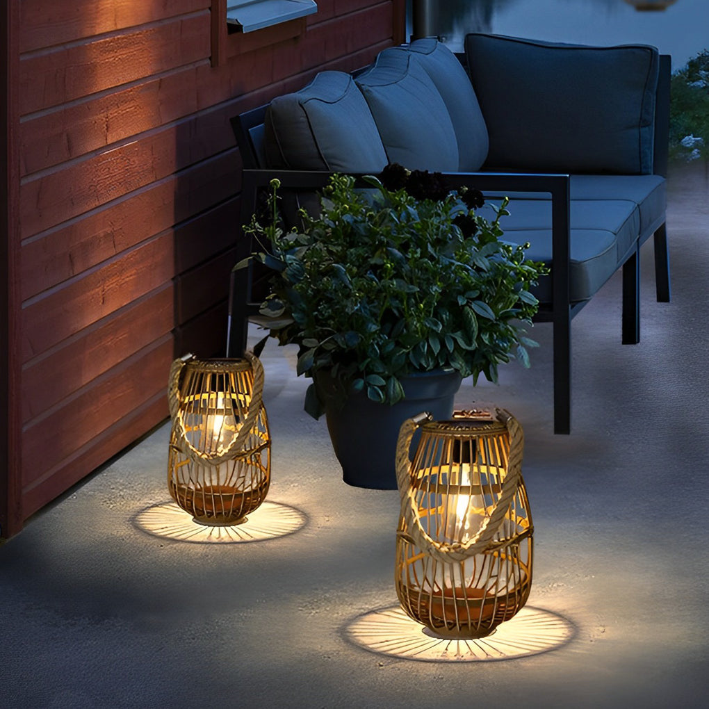 Portable Solar Bamboo Rattan Lantern LED Outdoor Garden Light