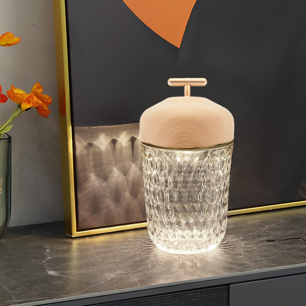 Crystal Glass Cup Table Lamp with Wooden Lid - Rechargeable LED