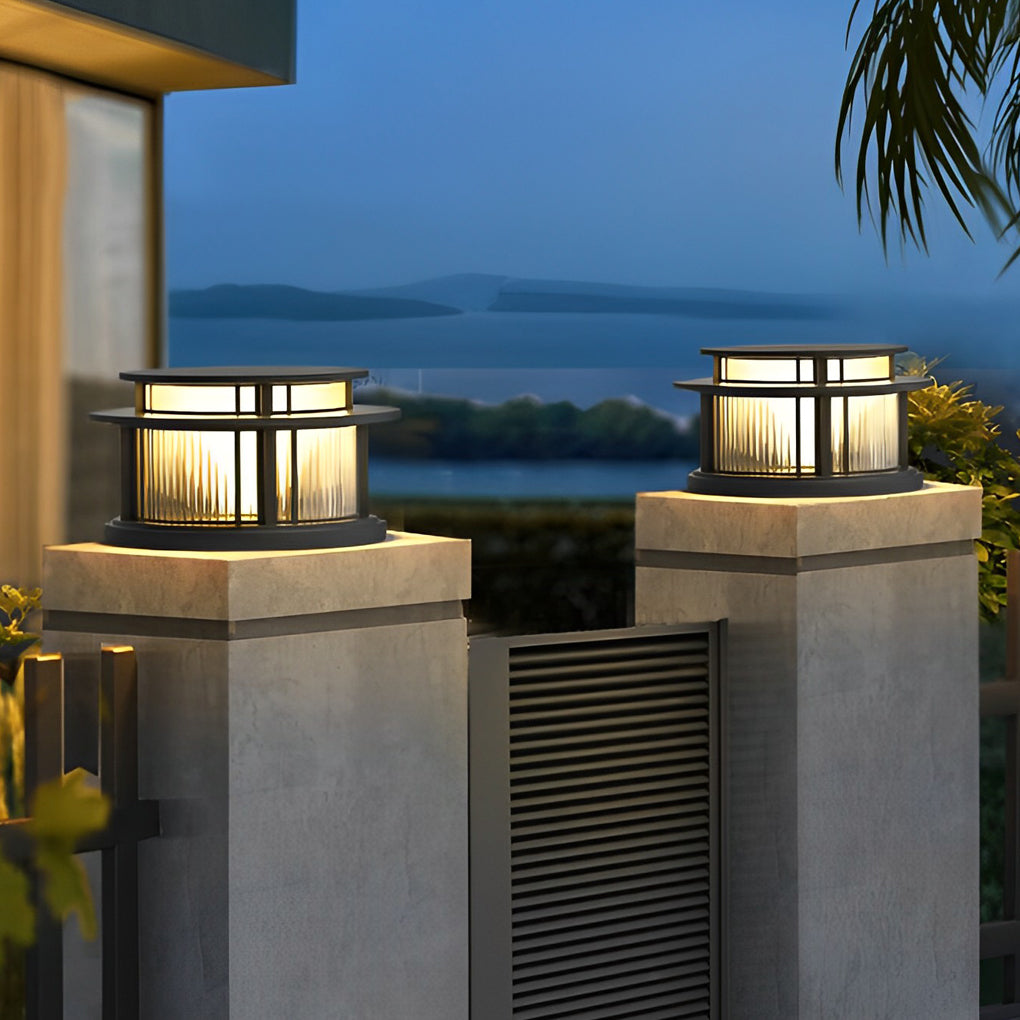 Modern Round Solar Outdoor Post Light - Waterproof LED Pillar Lamp