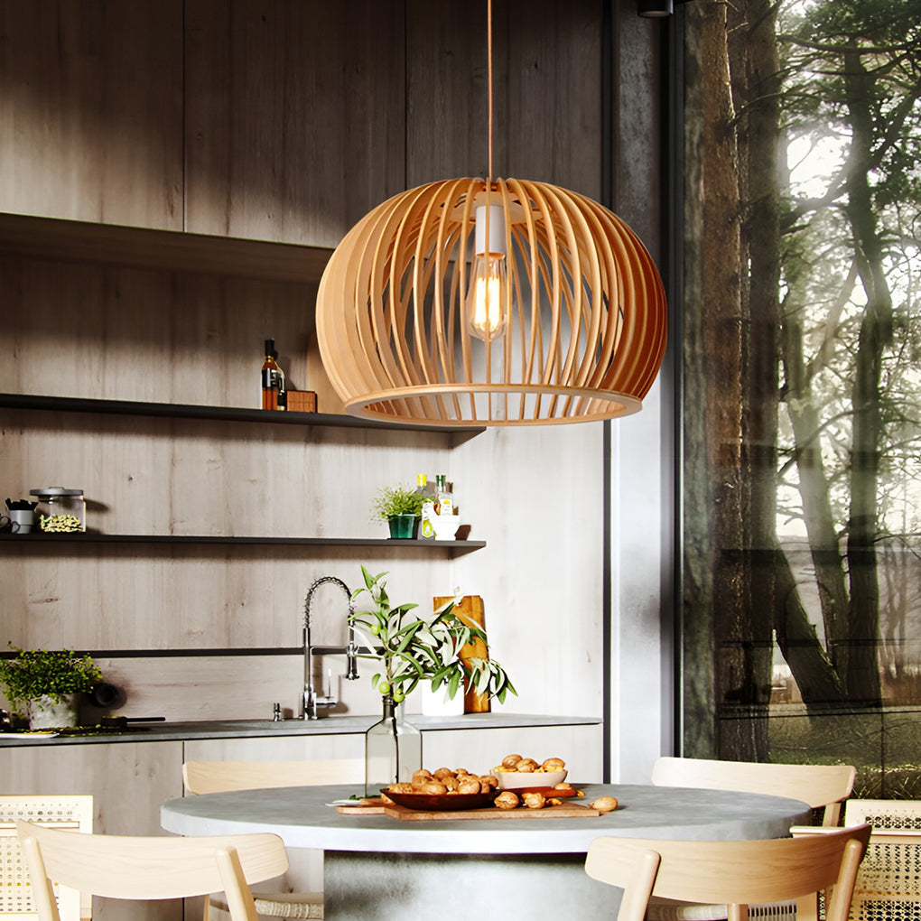 Wood Lantern Pendant Light - Nordic Semi-Circle Design