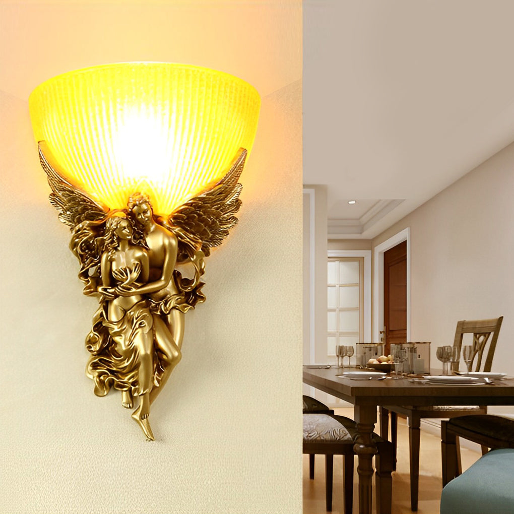 3D Angel Sculpture Wall Sconce Gold Resin Glass Retro Art Lamp