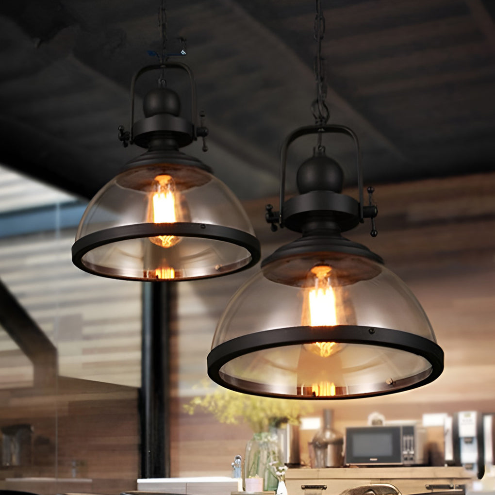 Industrial Glass Bowl Pendant Light Black Iron Ceiling Lamp