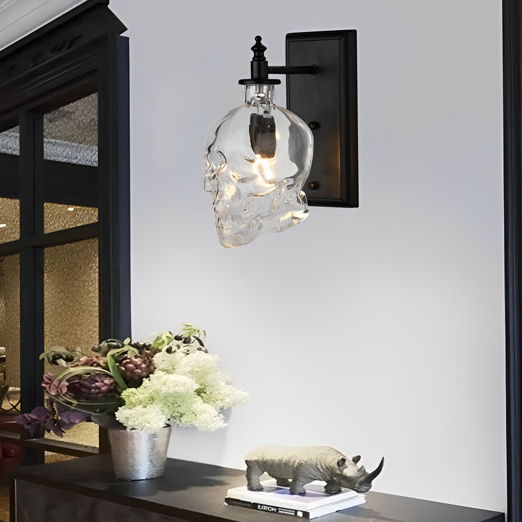 Skull Head Glass Wall Sconce – Industrial Black Iron LED Lamp