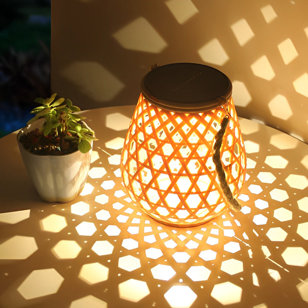 Portable Solar LED Outdoor Lantern Rustic Bamboo Style Hemp Rope