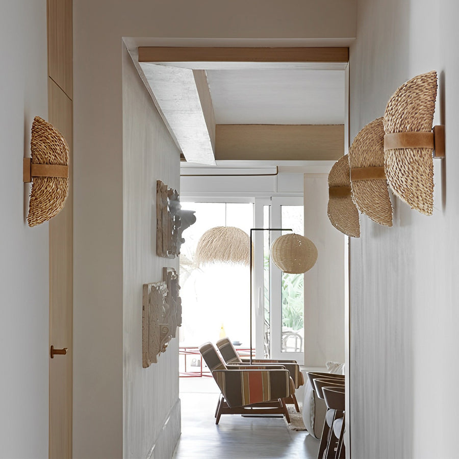 Handwoven Rattan Wood Wall Sconce with Up Down Lighting