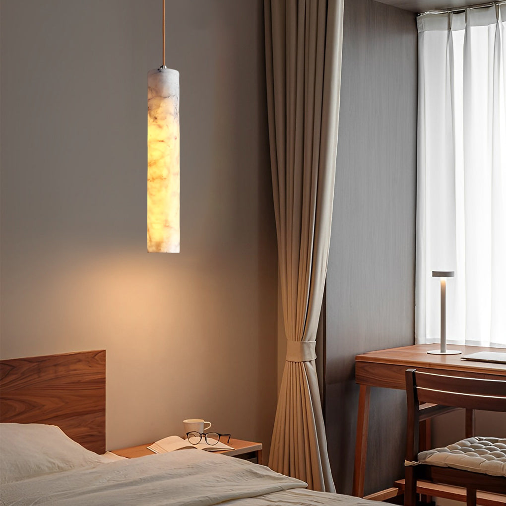 Elongated Cylindrical Marble Minimalist Pendant Light
