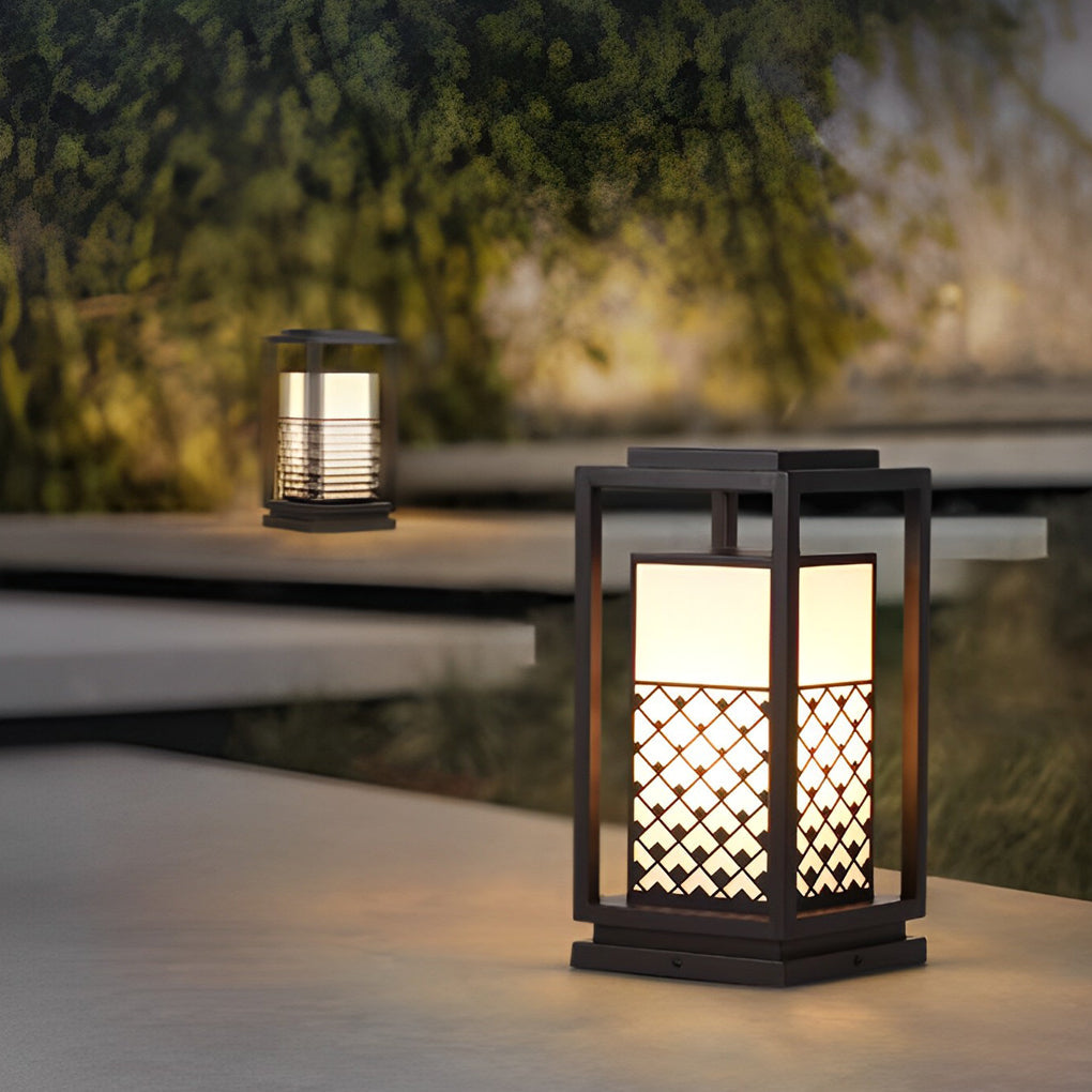 Retro Black Solar LED Pathway Lamp with Patterned Acrylic Shade