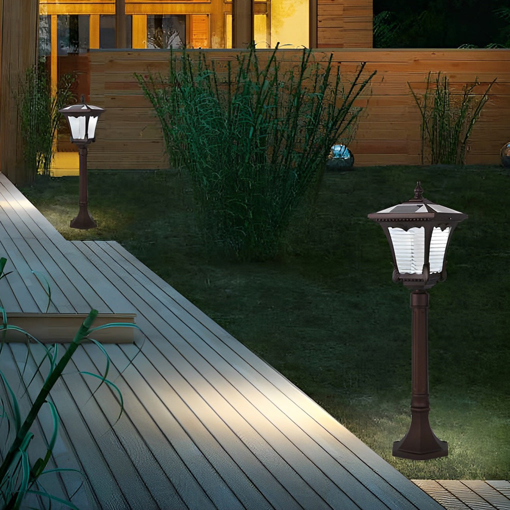 Vintage Solar LED Lawn Lamp with Ornate Top in Coffee Gold