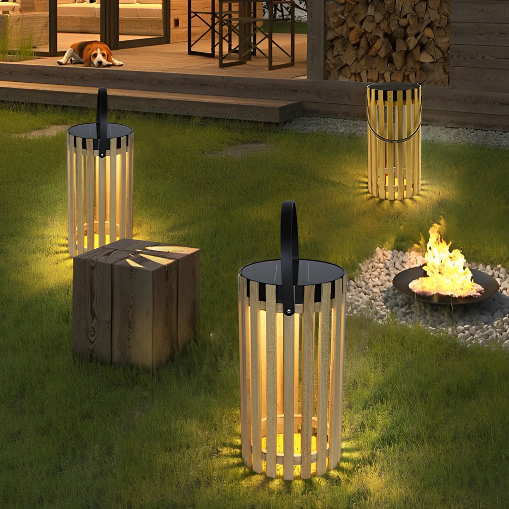 Solar Wooden Lantern Floor Lamp with Aluminum Handle - Waterproof