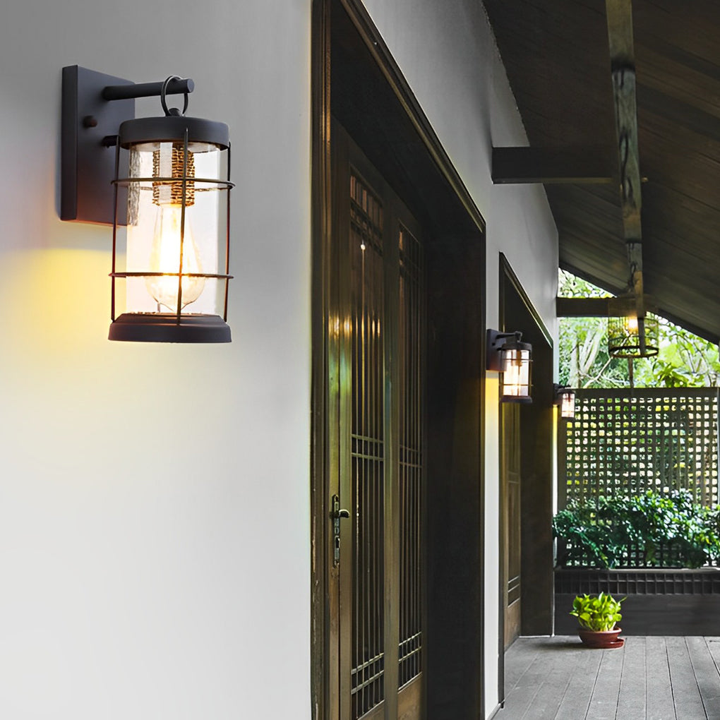 Black Iron Glass Lantern Outdoor Wall Light Retro Modern