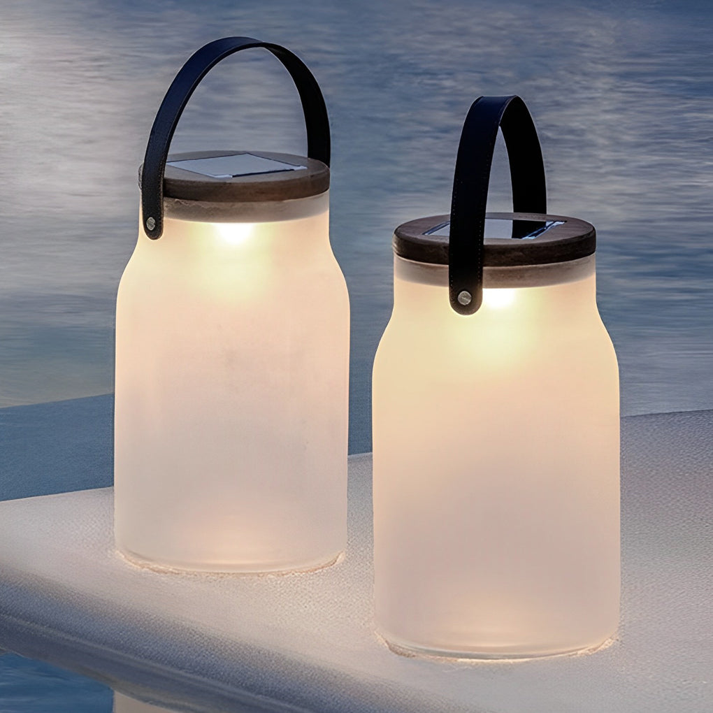 Solar LED Outdoor Lantern - Teak Wood & Glass Jar Design