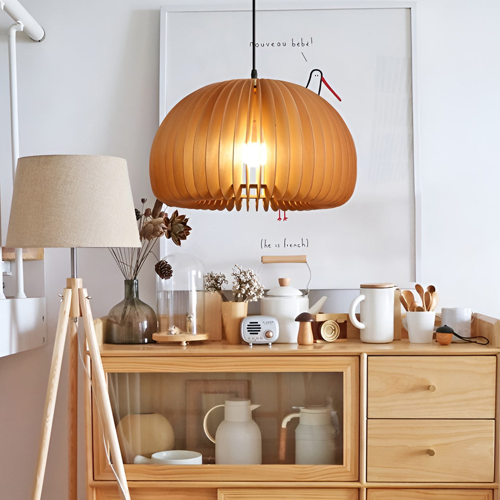 Pumpkin-Shaped Wood Pendant Light - Nordic Rustic Chandelier