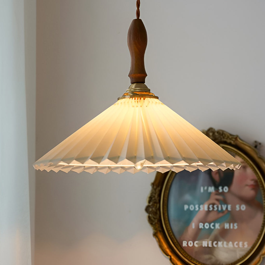 Nordic Pleated Pendant Light with Walnut Wood and Copper Accent