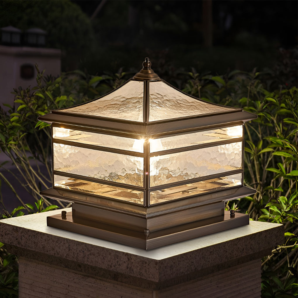 Vintage Copper Post Light with Tempered Glass Shade - Outdoor