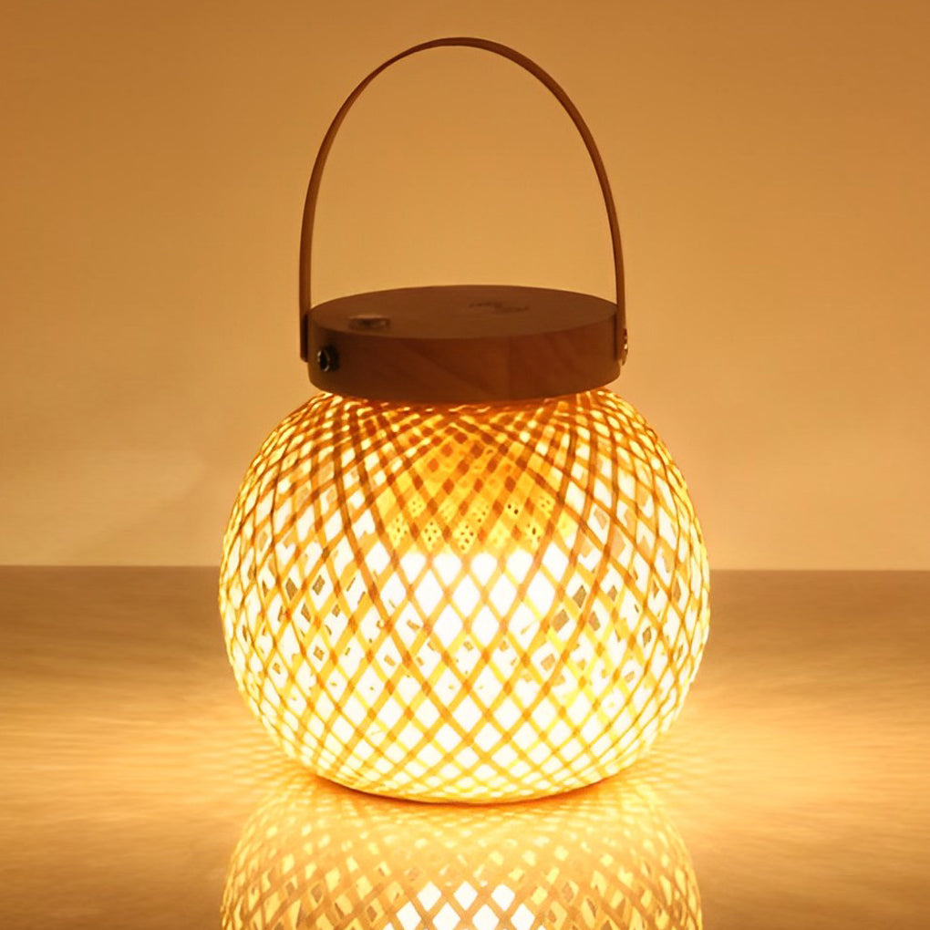 Rustic Woven Bamboo Portable Lantern Table Lamp with Handle