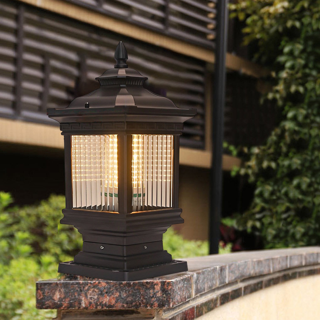 Retro Grille Glass Outdoor Solar Fence Post Light