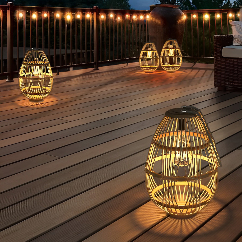 Solar Rattan Wood Portable LED Outdoor Lantern Lamp
